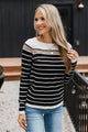 Can't Stay Away Striped Sweater- Black & Taupe
