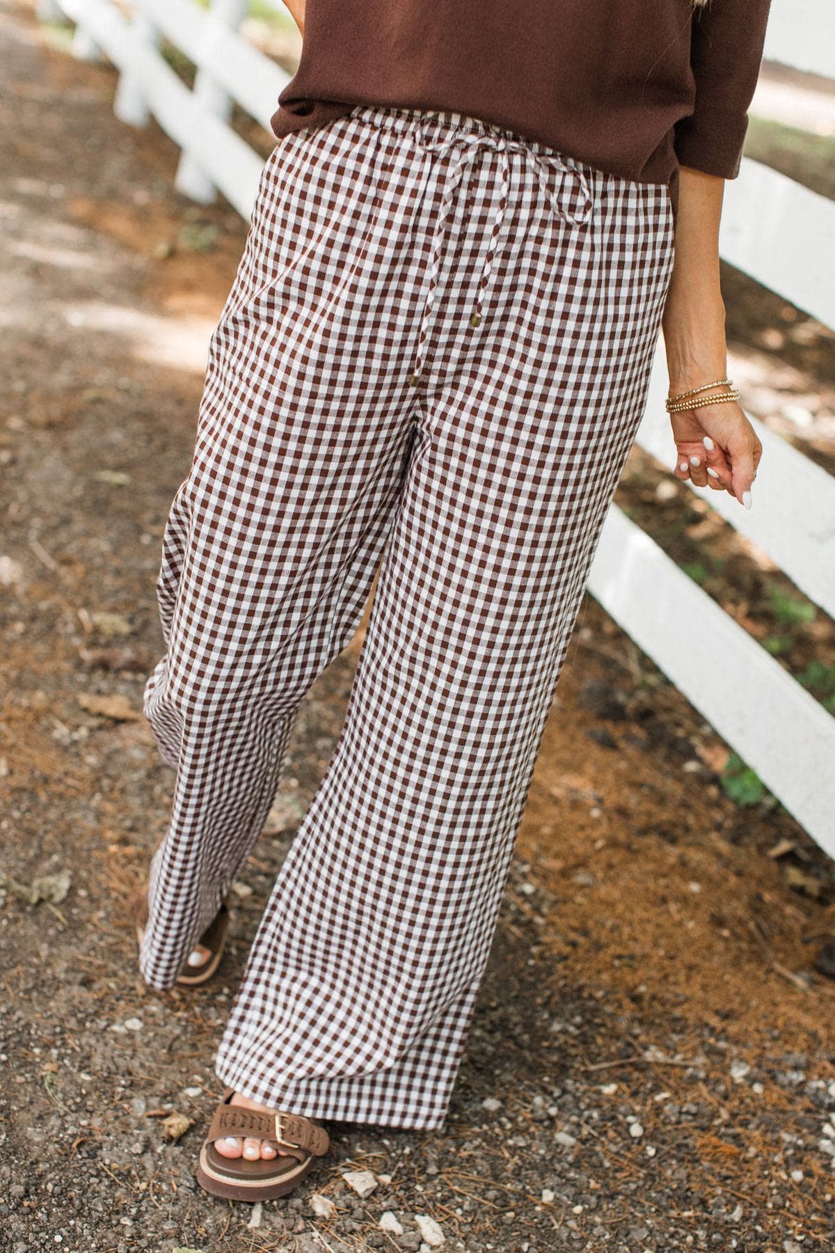 Pure Contentment Wide Leg Gingham Pants- Chocolate