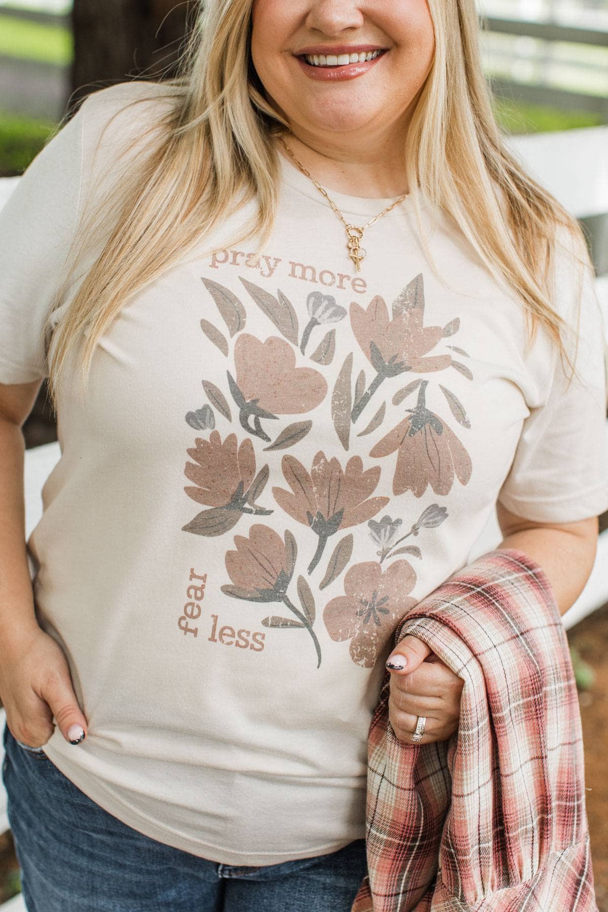 "Pray More Fear Less" Crew Neck Graphic Tee- Bone