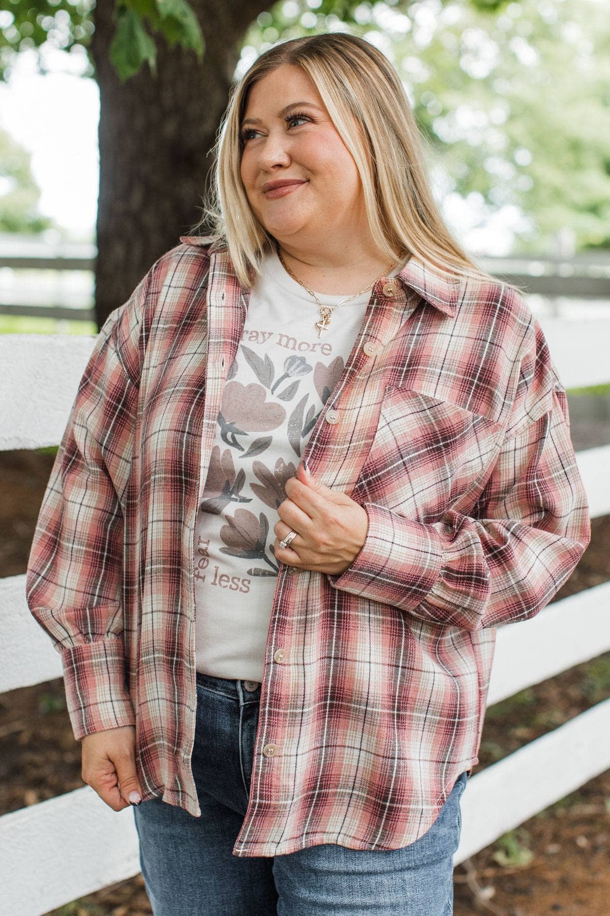Soft Reflections Button Down Plaid Top- Pink & Brown