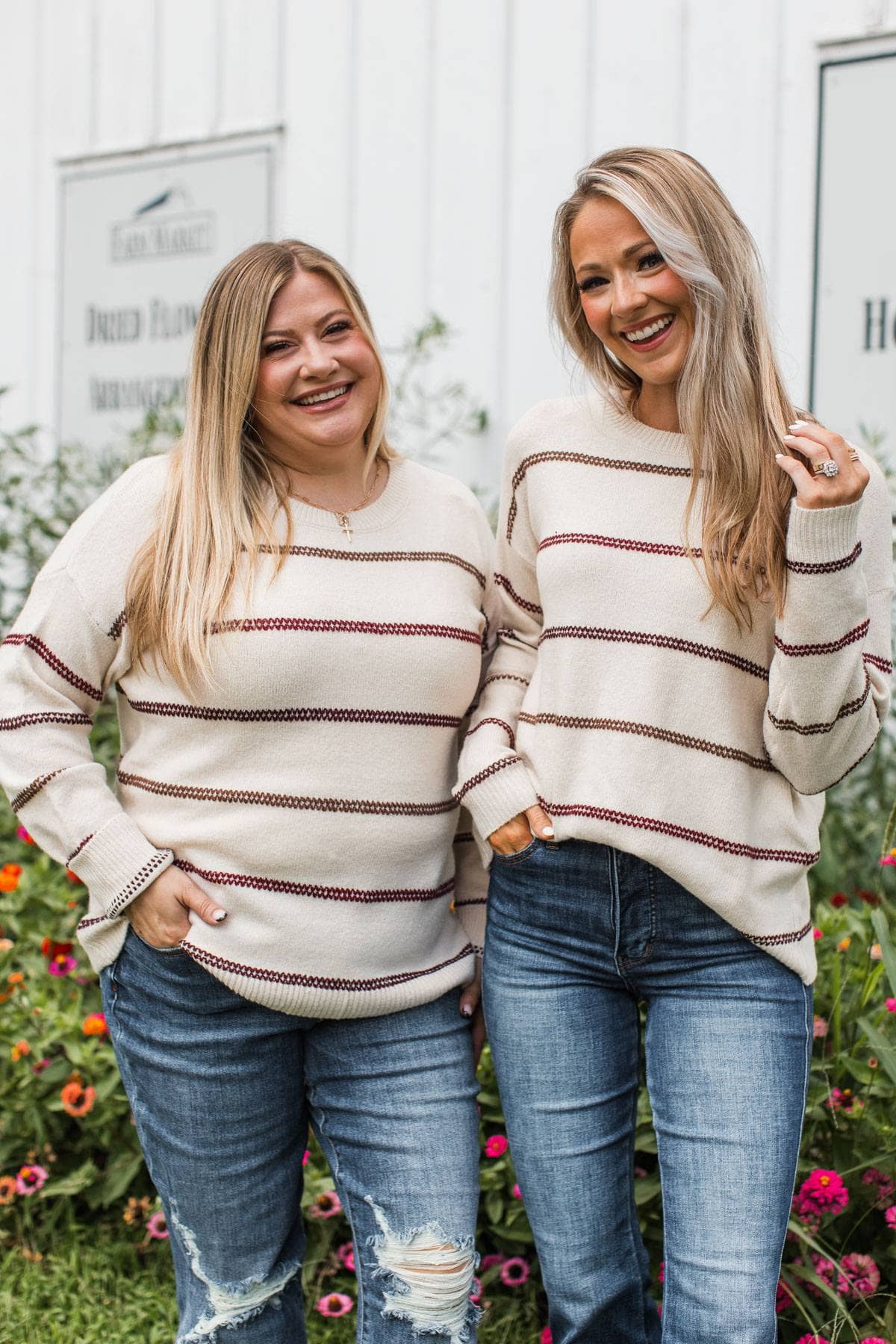 Nobody But Us Striped Sweater- Oatmeal & Burgundy