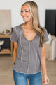 Own It Short Sleeve Button V-Neck Top- Grey