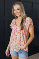 Morning Blooms V-Neck Flutter Sleeve Blouse- Pink & Yellow