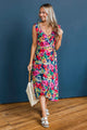Twirling Around Town Floral Midi Dress- Navy & Fuchsia